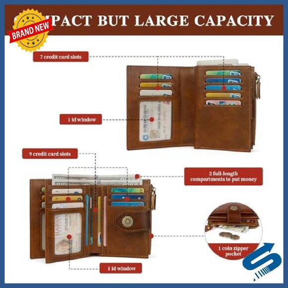 Genuine Leather RFID Wallet Women's Bifold Compact Card Holder ID Window - Picture 4 of 7